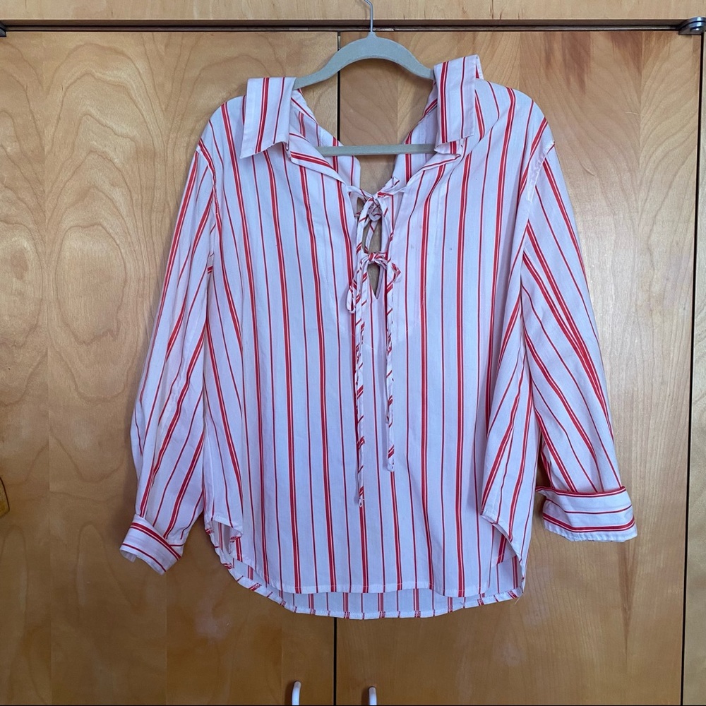 Storets Brenda Red White Stripe Lace Front Back Blouse Size Small